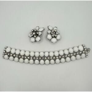 Kramer of New York silver tone milk glass rhinestones bracelet clip on earrings